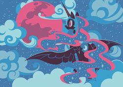 Size: 800x565 | Tagged: dead source, safe, artist:yousukou, nightmare moon, pony, g4, cloud, cloudy, female, limited palette, moon, solo