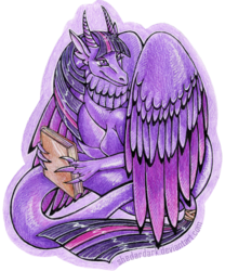 Size: 520x624 | Tagged: safe, artist:shedardark, twilight sparkle, dragon, feathered dragon, g4, book, dragoness, dragonified, female, simple background, solo, species swap, traditional art, transparent background, twilidragon, wings