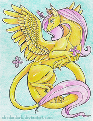 Size: 500x646 | Tagged: safe, artist:shedardark, fluttershy, butterfly, dragon, feathered dragon, g4, blue background, dragoness, dragonified, female, flutterdragon, simple background, solo, species swap, spread wings, traditional art, wings