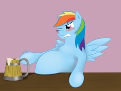 Size: 1280x960 | Tagged: safe, artist:8aerondight8, rainbow dash, pegasus, pony, g4, beer belly, belly, big belly, bloated, blushing, cider, drunk, drunker dash, fat, female, gritted teeth, gut rest, one eye closed, solo, teeth, weight gain