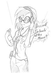 Size: 874x1240 | Tagged: safe, artist:rainbro-brite, dj pon-3, vinyl scratch, human, g4, female, humanized, ipod, monochrome, solo