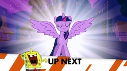 Size: 500x281 | Tagged: safe, edit, edited screencap, screencap, twilight sparkle, alicorn, pony, g4, magical mystery cure, alicorn drama, drama, eyes closed, female, inappropriate timing spongebob banner, laughing, male, mare, procrastination (spongebob squarepants), spongebob squarepants, spongebob squarepants (character), spread wings, twilight sparkle (alicorn), wings