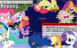 Size: 654x409 | Tagged: safe, apple bloom, applejack, big macintosh, braeburn, fluttershy, pinkie pie, princess celestia, princess luna, rainbow dash, rarity, scootaloo, sweetie belle, twilight sparkle, earth pony, pony, g4, caption, cutie mark crusaders, flutterrage, hurricane, male, stallion, unamused