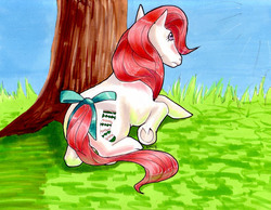 Size: 650x505 | Tagged: safe, artist:andpie, stockings (g1), earth pony, pony, g1, bow, butt, clothes, female, grass, lying down, mare, outdoors, plot, prone, rear view, solo, tail, tail bow, traditional art, tree, underhoof