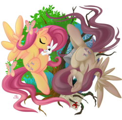 Size: 1352x1328 | Tagged: safe, artist:falleninthedark, part of a set, angel bunny, fluttershy, butterfly, g4, bucket, discorded, dual persona, duality, flutterbitch, simple background, transparent background