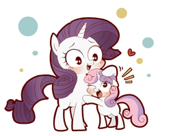 Size: 786x627 | Tagged: dead source, safe, artist:うめぐる, rarity, sweetie belle, pony, unicorn, g4, blushing, heart, horn, sisters