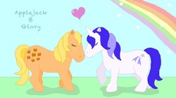 Size: 600x335 | Tagged: safe, artist:fadenbruck, applejack (g1), glory, g1, female, heart, lesbian, rainbow, ship:appleglory, shipping