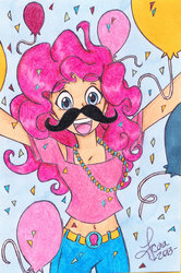 Size: 729x1095 | Tagged: dead source, safe, artist:onetrunerd, pinkie pie, human, g4, balloon, belly button, confetti, female, humanized, midriff, moustache, party, solo, traditional art