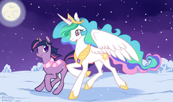 Size: 1280x756 | Tagged: safe, artist:electriczebra, princess celestia, twilight sparkle, g4, clothes, scarf, snow, snowfall