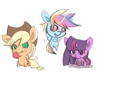 Size: 800x600 | Tagged: safe, artist:bakki, applejack, rainbow dash, twilight sparkle, g4, apple, book, chibi, obligatory apple