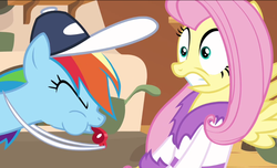 Size: 949x577 | Tagged: safe, screencap, fluttershy, rainbow dash, g4, hurricane fluttershy, baseball cap, bathrobe, blowing, blowing whistle, cap, clothes, coach rainbow dash, hat, puffy cheeks, rainbow dashs coaching whistle, robe, scared, shocked, whistle