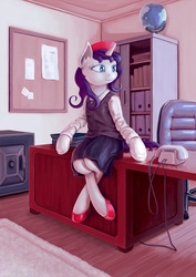Size: 1500x2122 | Tagged: safe, artist:dahtamnay, rarity, pony, unicorn, semi-anthro, g4, clothes, female, globe, high heels, office, phone, shoes, sitting, solo