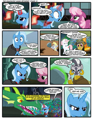 Size: 800x1059 | Tagged: safe, artist:newbiespud, artist:thedigodragon, edit, edited screencap, screencap, cheerilee, daring do, derpy hooves, nurse redheart, reginald, tom, trixie, zecora, dragon, earth pony, pegasus, pony, zebra, comic:friendship is dragons, g4, alicorn amulet, cave, cloak, clothes, collaboration, comic, dialogue, dungeons and dragons, ear piercing, earring, female, fire, gem, glowing horn, hat, horn, jewelry, magic, mare, neck rings, piercing, pith helmet, screencap comic, scroll, smarmony returns, telekinesis