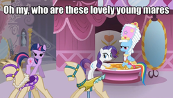 Size: 960x540 | Tagged: safe, edit, edited screencap, screencap, rainbow dash, rarity, twilight sparkle, pegasus, pony, unicorn, g4, swarm of the century, bedroom eyes, caption, carousel boutique, context is for the weak, female, grin, image macro, mannequin, mare, out of context, powdered wig, rainbow dash always dresses in style, saddle, text