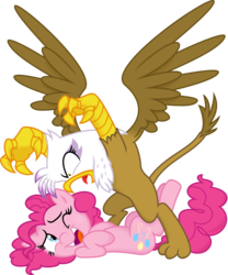 Size: 4154x5000 | Tagged: safe, artist:mickeymonster, artist:spier17, gilda, pinkie pie, griffon, g4, absurd resolution, angry, fight, laughing, on back