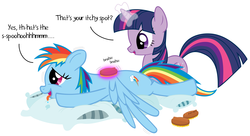 Size: 2116x1151 | Tagged: safe, artist:jp, rainbow dash, twilight sparkle, pegasus, pony, unicorn, g4, brush, brushie, curry comb, drool, female, grooming, horses doing horse things, lesbian, magic, massage, open mouth, pillow, scratching, ship:twidash, shipping, shivering, simple background, smiling, spread wings, talking, tongue out, unicorn twilight, white background
