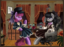Size: 3622x2663 | Tagged: safe, artist:pridark, berry punch, berryshine, octavia melody, g4, cello, chair, clothes, hat, musical instrument, victorian, wine