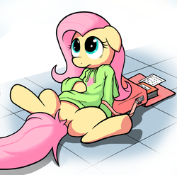 Size: 1014x1000 | Tagged: safe, artist:apony, fluttershy, g4, bag, book, clothes, explicit source, featureless crotch, female, hoodie, paper, solo