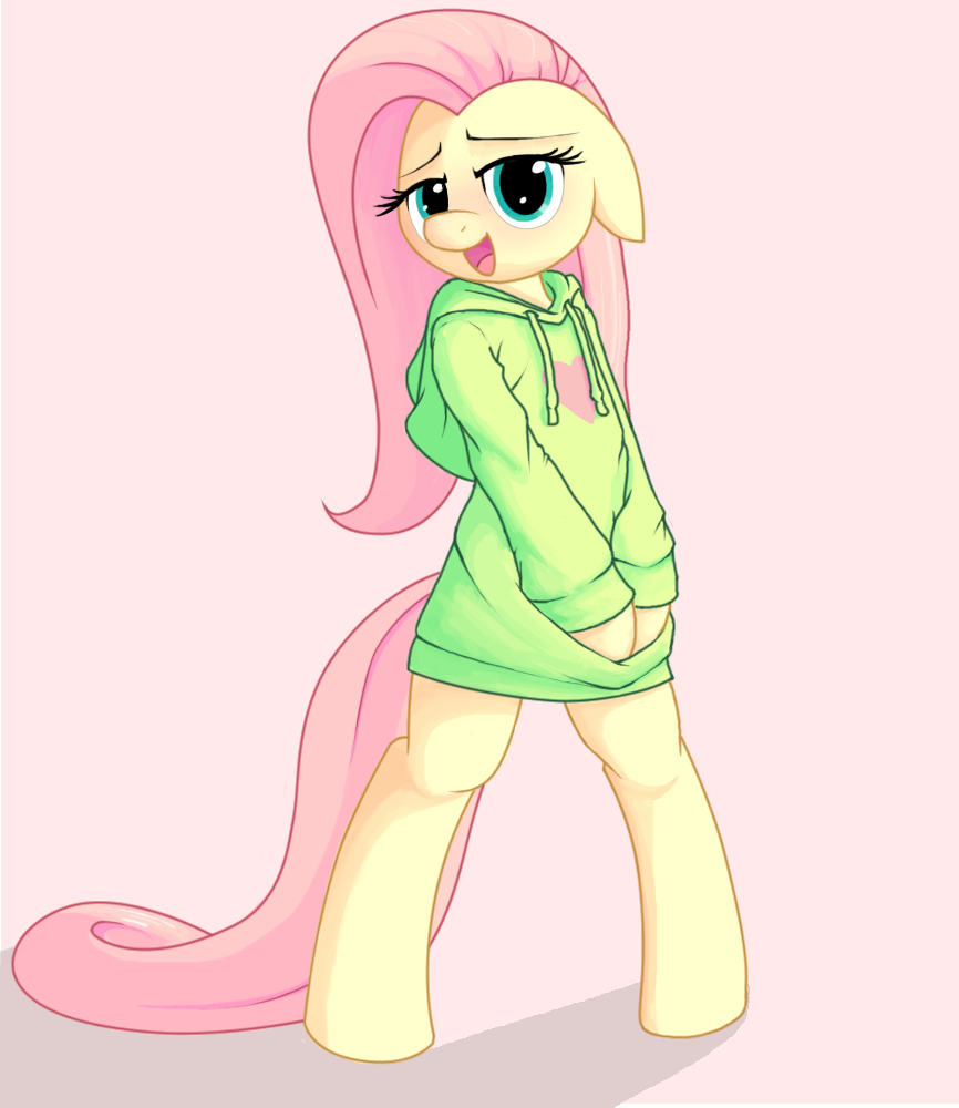 454536 - safe, artist:apony, fluttershy, pony, semi-anthro, g4, :o,  bipedal, blushing, bottomless, clothes, explicit source, female, floppy  ears, hoodie, implied futa, looking at you, mouth, open mouth, pink  background, simple background, smiling,