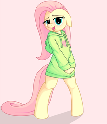 Size: 866x1000 | Tagged: safe, artist:apony, fluttershy, pony, semi-anthro, g4, :o, bipedal, blushing, bottomless, clothes, explicit source, female, floppy ears, hoodie, implied futa, looking at you, mouth, open mouth, pink background, simple background, smiling, solo