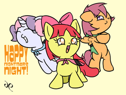 Size: 4000x3000 | Tagged: safe, artist:doggonepony, apple bloom, scootaloo, sweetie belle, earth pony, pegasus, pony, unicorn, g4, clothes, cutie mark crusaders, eyes closed, female, filly, one eye closed, open mouth, scarf, the powerpuff girls