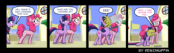 Size: 3328x1019 | Tagged: safe, artist:reikomuffin, pinkie pie, twilight sparkle, earth pony, pony, unicorn, g4, comic, duo, female, mare, pie, pied, twilight sparkle is not amused, unamused