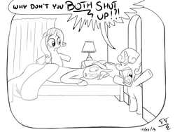 Size: 1600x1200 | Tagged: safe, artist:tomtornados, prince blueblood, rarity, sweetie belle, g4, bed, bedroom, male, monochrome, parody, shut up, the simpsons, yelling