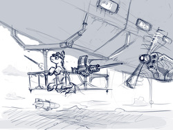 Size: 1024x768 | Tagged: safe, artist:agm, oc, oc only, airship, dieselpunk, gun, machine gun, monochrome, sketch, solo