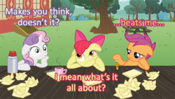 Size: 853x480 | Tagged: safe, edit, apple bloom, scootaloo, sweetie belle, g4, caption, cutie mark crusaders, image macro, monty python, monty python's the meaning of life