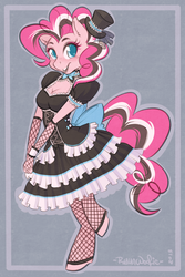 Size: 669x1004 | Tagged: safe, artist:ryunwoofie, pinkie pie, earth pony, anthro, unguligrade anthro, breasts, cleavage, clothes, commission, cute, diapinkes, dress, featured image, female, fishnets, gothic lolita, grin, hand, hands together, hat, hooves, lolita fashion, looking at you, on one leg, open mouth, pinkie pie's boutique, sexy, smiling, smiling at you, solo