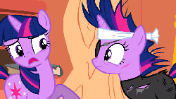 Size: 800x450 | Tagged: safe, screencap, twilight sparkle, pony, g4, it's about time, animated, cropped, duo, eyepatch, female, floppy ears, future twilight, golden oaks library, injured, scrunchy face, self paradox, talking