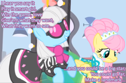 Size: 721x480 | Tagged: safe, fluttershy, photo finish, g4, caption, garbage (band), image macro, modelshy, song reference