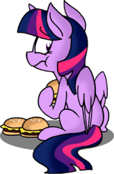 Size: 889x1359 | Tagged: dead source, safe, artist:strangiesleepy, twilight sparkle, alicorn, pony, g4, :t, burger, cheeseburger, female, frown, hilarious in hindsight, hoof hold, looking back, mare, nervous, omnivore twilight, ponies eating meat, simple background, sitting, solo, that pony sure does love burgers, transparent background, twilight burgkle, twilight sparkle (alicorn)