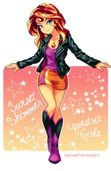 Size: 685x1058 | Tagged: safe, artist:semehammer, sunset shimmer, equestria girls, g4, adventure in the comments, alternative cutie mark placement, anime battle thread, bedroom eyes, boots, clothes, cute, female, grin, jacket, leather jacket, looking at you, shimmerbetes, shoes, skirt, smiling, solo, yeah!!!!!!!!