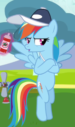 Size: 234x395 | Tagged: safe, rainbow dash, g4, cap, crossed hooves, female, floating can, flying, glare, hat, open mouth, solo, spread wings, unamused, whistle