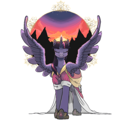 Size: 800x800 | Tagged: safe, artist:idrawweeklypony, twilight sparkle, alicorn, pony, g4, clothes, coronation dress, dress, dusk, female, frame, large wings, mare, partial background, silhouette, simple background, solo, spread wings, sunset, transparent background, twilight (astronomy), twilight sparkle (alicorn)