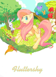 Size: 816x1123 | Tagged: safe, artist:sumizu, angel bunny, fluttershy, bird, butterfly, pegasus, pony, g4, animal, berry, cute, female, flower, grass, mare, nature, pixiv, prone, shyabetes, solo, tree
