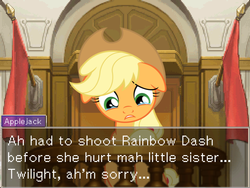 Size: 800x600 | Tagged: safe, applejack, earth pony, pony, g4, ace attorney, apology, applejack's hat, courtroom, cowboy hat, crossover, crying, crying on the outside, dialogue, female, funetik aksent, hat, implied apple bloom, implied rainbow dash, implied twilight sparkle, mare, sad, solo, text, witness