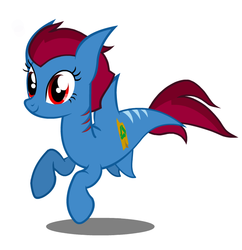 Size: 704x726 | Tagged: safe, oc, oc only, original species, shark, shark pony, critique requested, female, gills, red eyes, solo, surfboard, version 2.0