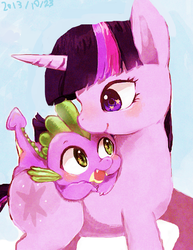 Size: 442x574 | Tagged: safe, artist:chi-hayu, spike, twilight sparkle, dragon, pony, unicorn, g4, blushing, cute, duo, female, male, mare, open mouth, raised hoof, smiling, starry eyes, wingding eyes