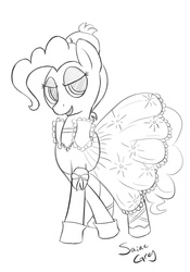 Size: 1047x1500 | Tagged: safe, artist:saine grey, pinkie pie, g4, bedroom eyes, clothes, dress, female, monochrome, sketch, solo