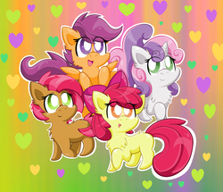 Size: 4464x3840 | Tagged: safe, artist:mordecairigbylover, apple bloom, babs seed, scootaloo, sweetie belle, g4, chibi, cute, cutie mark crusaders, fluffy, heart, looking at you, open mouth, raised hoof, smiling, weapons-grade cute