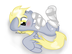 Size: 3648x2736 | Tagged: safe, artist:bronyxceed, derpy hooves, pegasus, pony, g4, blushing, clothes, cute, female, mare, on back, socks, solo, striped socks