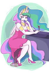 Size: 808x1200 | Tagged: safe, artist:xieril, princess celestia, alicorn, anthro, plantigrade anthro, g4, alcohol, bar, clothes, dress, drink, female, high heels, solo, stool