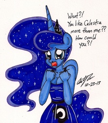 Size: 1117x1271 | Tagged: safe, artist:newyorkx3, princess luna, anthro, g4, bronybait, cleavage, clothes, dress, female, solo, traditional art