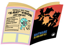 Size: 1800x1350 | Tagged: safe, artist:pixelkitties, lyra heartstrings, pegasus, pony, unicorn, g4, advertisement, background pony, batman, batmare, blatant lies, comic book, female, male, mare, seems legit, superman, supermare, x-ray specs