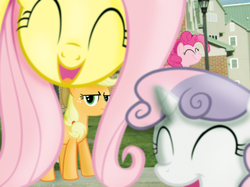 Size: 1024x764 | Tagged: safe, applejack, fluttershy, pinkie pie, sweetie belle, g4, irl, photo, photobomb, ponies in real life