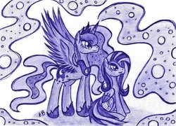 Size: 1024x737 | Tagged: safe, artist:rossmaniteanzu, princess luna, oc, oc:marta, pegasus, pony, g4, magic, night, stars, traditional art