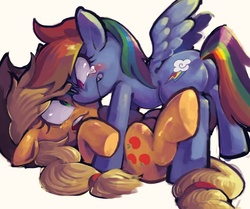 Size: 836x700 | Tagged: safe, artist:jirousan, applejack, rainbow dash, earth pony, pegasus, pony, g4, angry, blushing, boop, close-up, crying, digital art, female, hat, looking at each other, mare, noseboop, on back, painting, pinned, pixiv, ship:appledash, shipping, teary eyes, underhoof