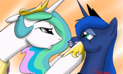 Size: 1776x1080 | Tagged: safe, artist:sakuracheetah, princess celestia, princess luna, g4, black outlines, bust, duo, faic, floppy ears, gradient background, hooves on cheeks, looking at each other, looking at someone, looking into each others eyes, portrait, profile, royal sisters, siblings, side view, sisters